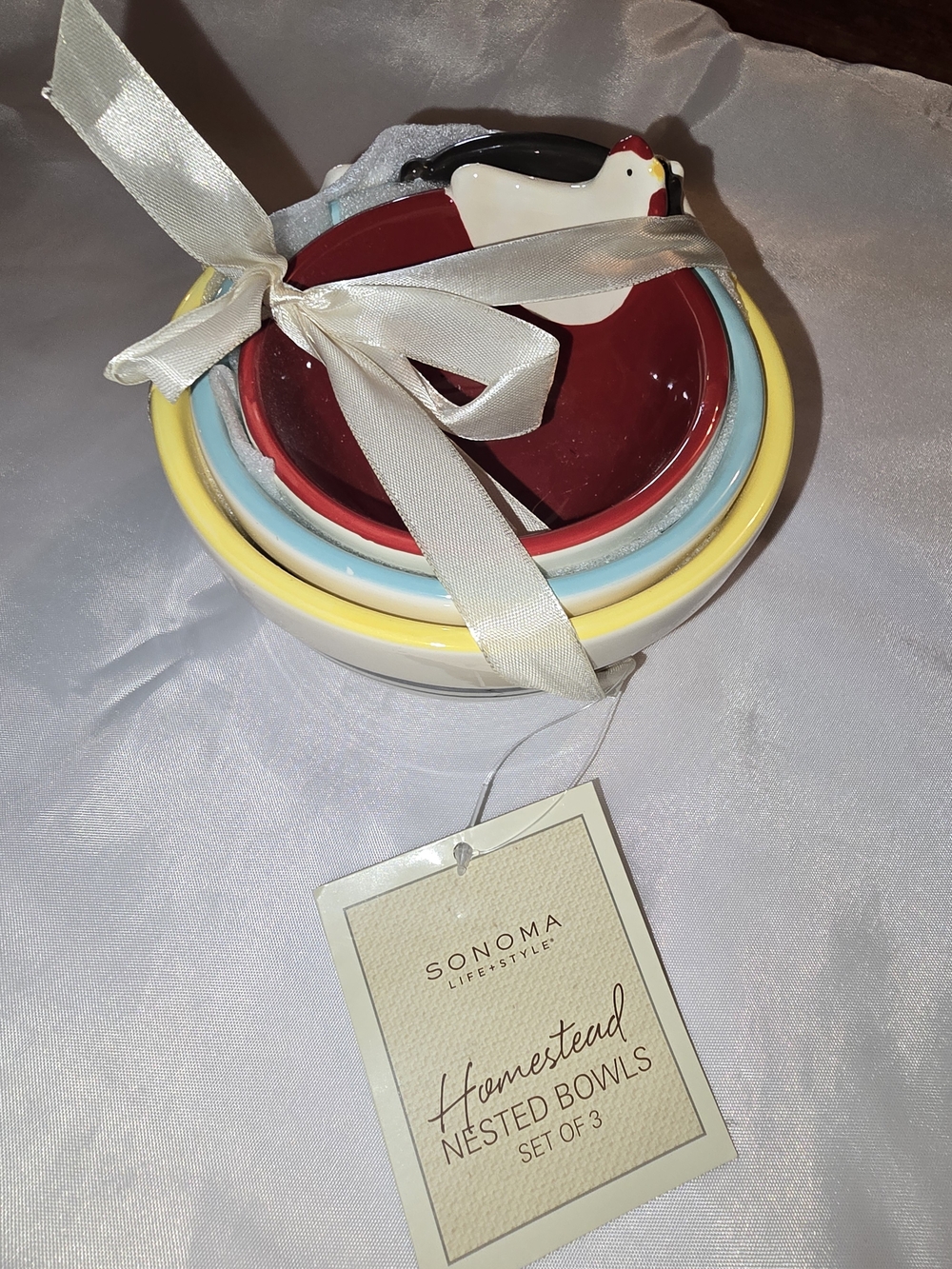 Sonoma Nested Ceramic Bowls in Red, Light Blue, Yellow